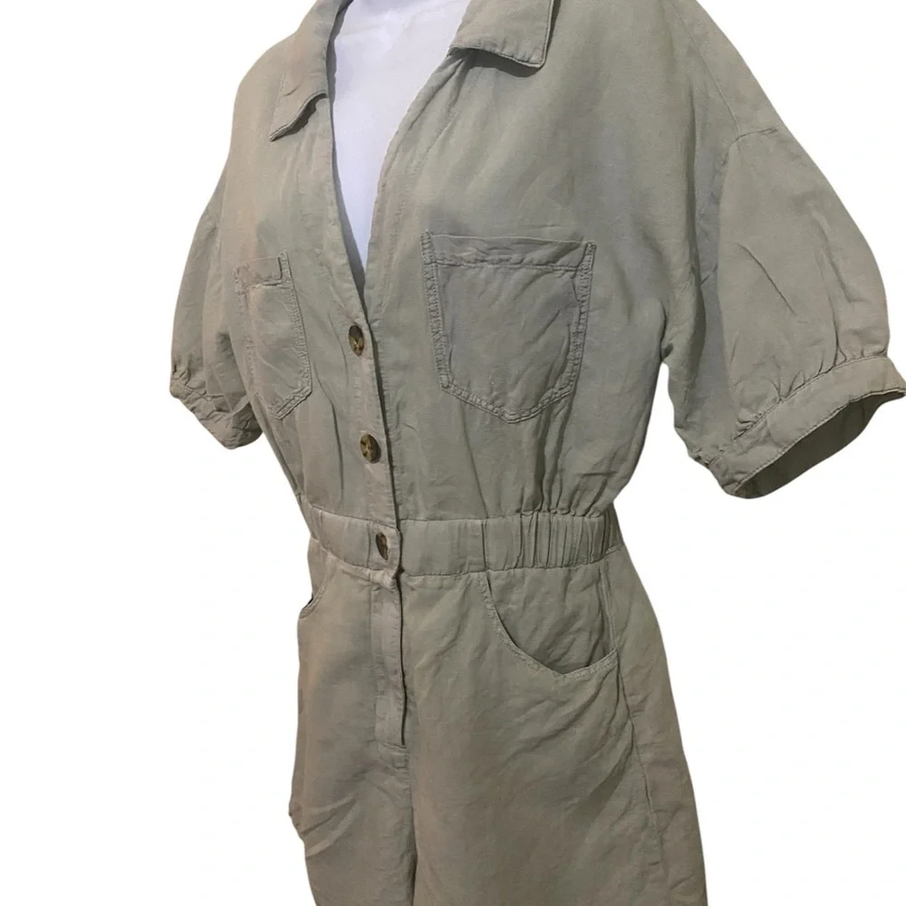 ZARA Linen Green Shirt Short Style Jumpsuit Romper Patch Pockets Utility
